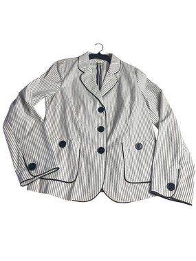 Talbots Womens Cotton-Blend Striped Blazer 12 Black & White Button Front Stretch